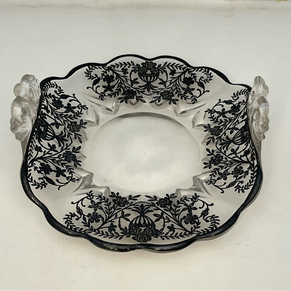 Vintage Small Glass Curved Candy Serving Dish Sterling Floral Overlay